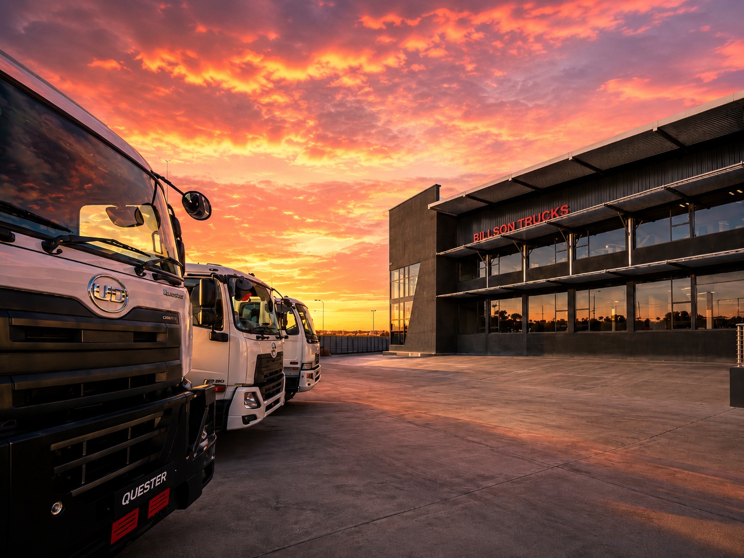 A fleet of commercial trucks parked at Billson Trucks dealership in Gqeberha, Eastern Cape, at golden hour