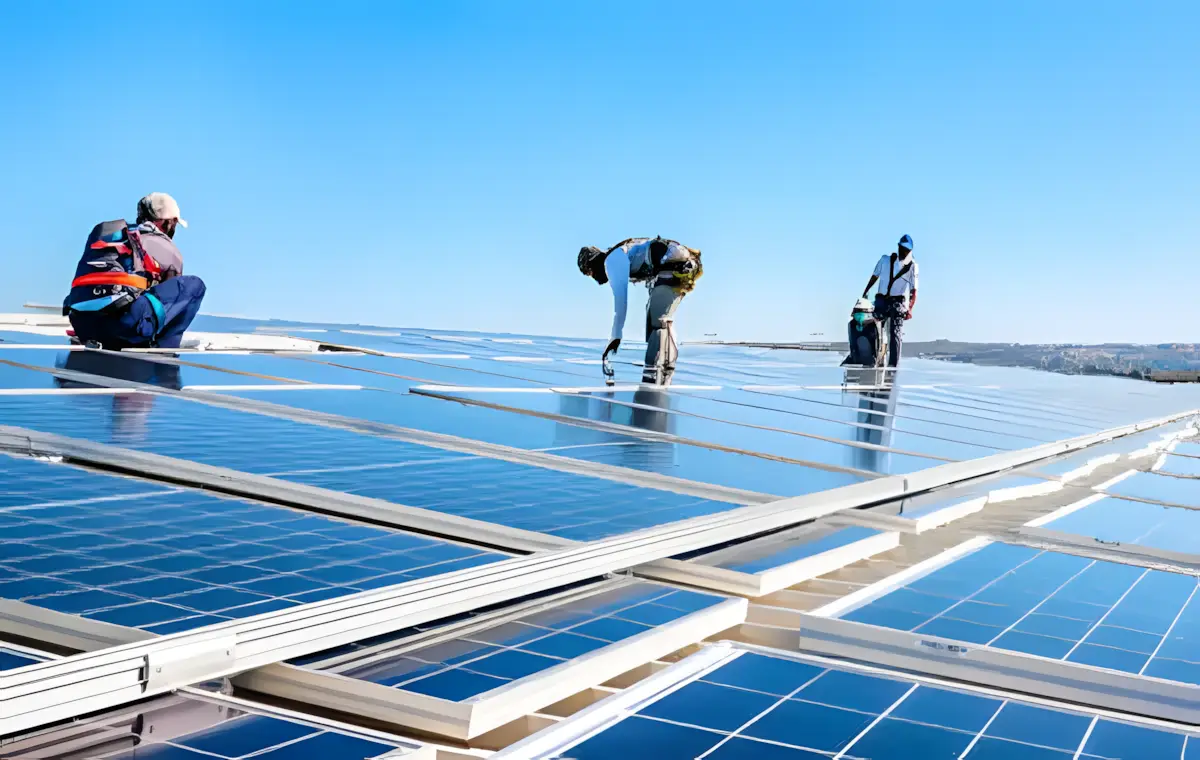 Solar panels being installed on the Billson Trucks dealership