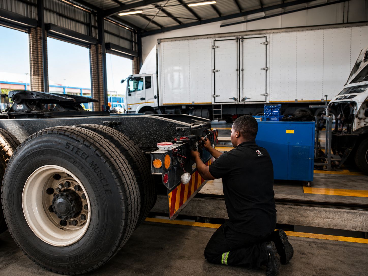 Technician working on a commercial truck engine in a professional workshop